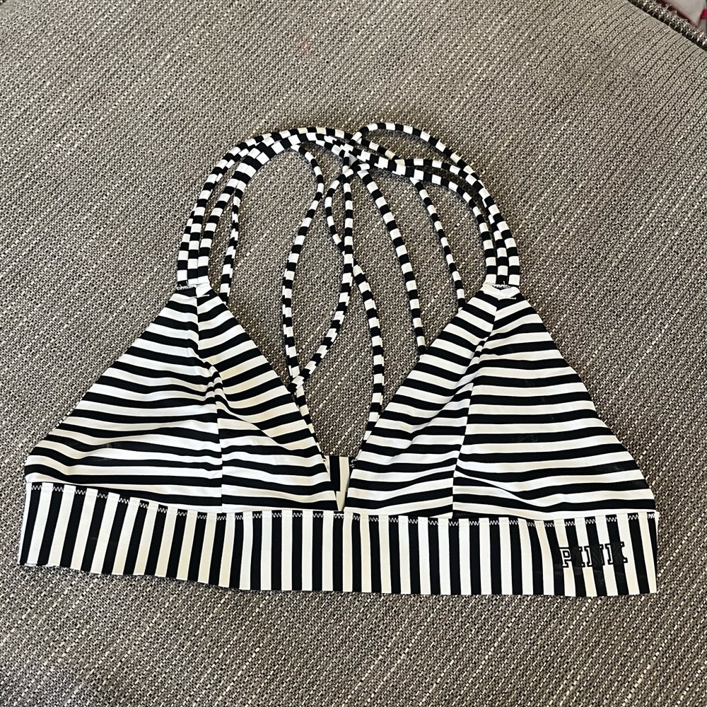PINK | White & Black Striped Strappy Bra, Bralette